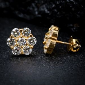 Large Stud Cluster Flower Yellow Gold 925 Sterling Silver Cz Screw Back Earrings